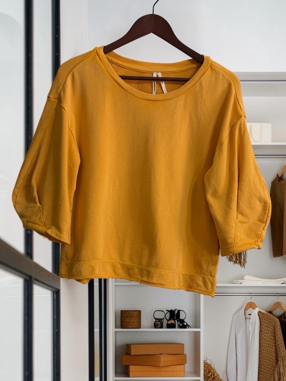 Anthropologie Mustard Yellow Cotton Boxy Sweatshirt with Balloon Sleeves Sz S